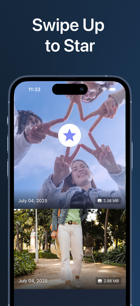 Storage Guru: Phone Cleaner - Storage Guru app interface showing the swipe up to star photos feature
