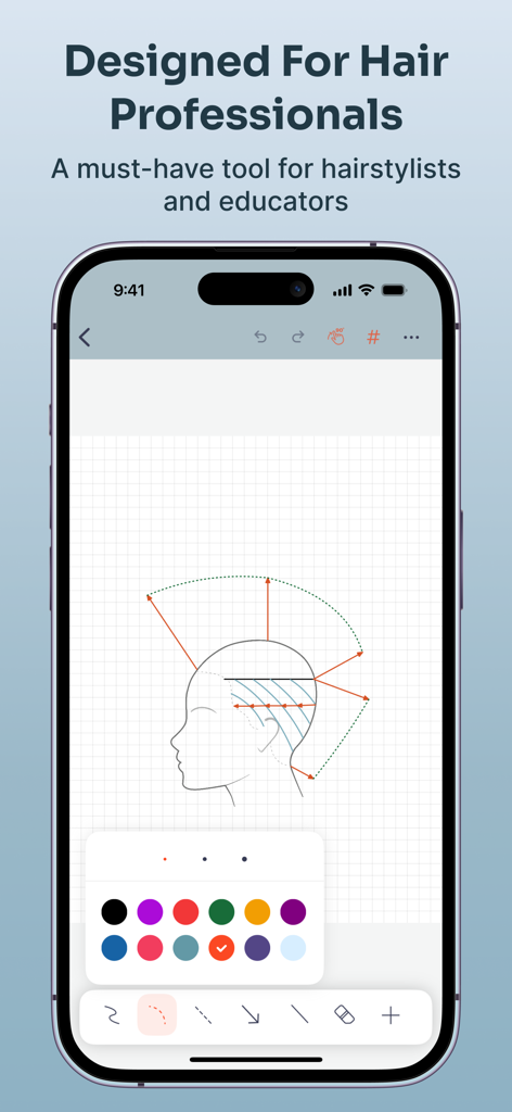 Hairtechapp - Cutting Diagrams - Un diagrama técnico de corte de cabello creado en la interfaz móvil de Hairtechapp que muestra líneas y ángulos de precisión.