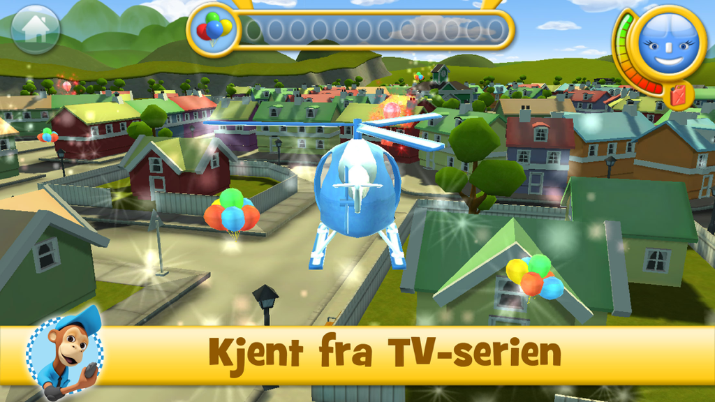 Vennebyen - Koptus på oppdrag - Blue rescue helicopter flying over a colorful cartoon city