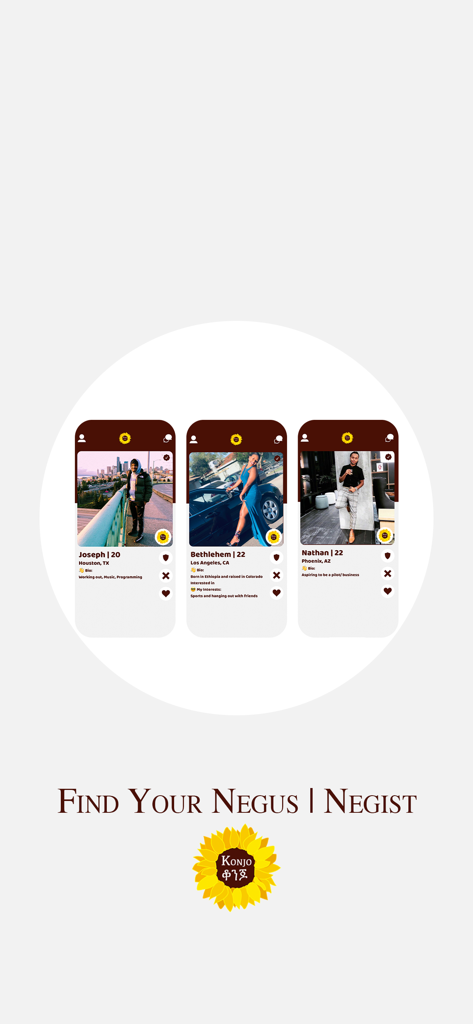 Konjo - Dating & Relationships - Konjo dating app display showing user profiles for Ethiopian and Eritrean singles with the slogan Find Your Negus or Negist.