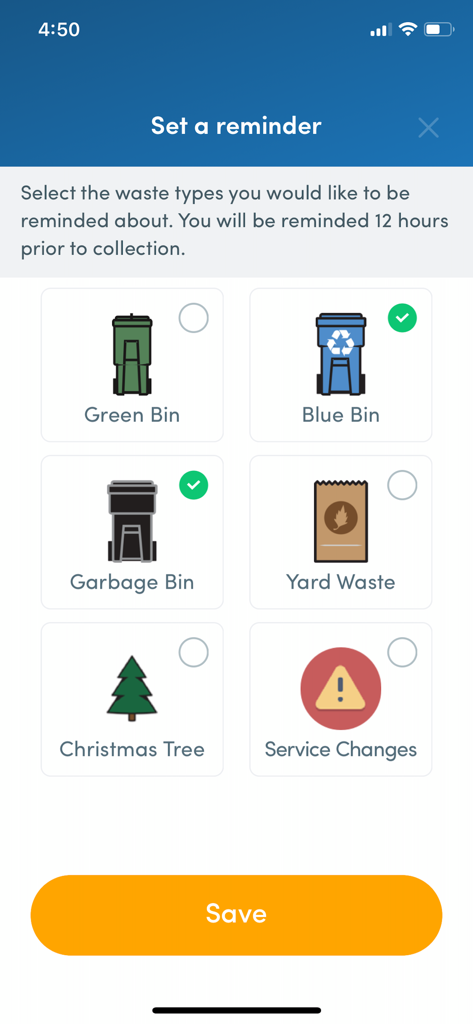 TOwaste – City of Toronto - Interface for selecting waste collection reminders in the TOwaste app showing different bin types