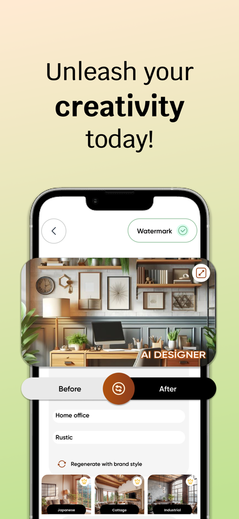 Interfaccia dell'app AI Home Designer che mostra la trasformazione di un ufficio domestico in stile rustico con un interruttore prima e dopo