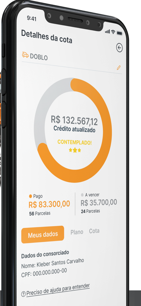 Consorcio Cresol Mobile App-Bildschirm mit Konsortium-Quote-Details und Status des zuerkannten Kredits.