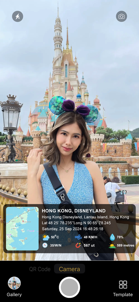 Gps Map Camera - Timestamp - A travel photo at Disneyland with a GPS map camera overlay showing location coordinates weather and altitude data