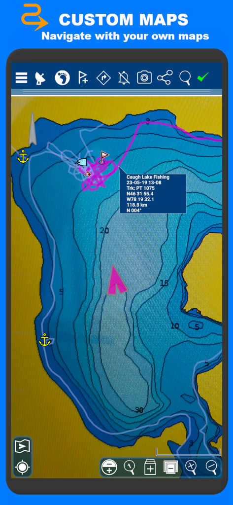 PathAway Outdoor Navigation - PathAway app displaying a custom marine map with depth contours and recorded fishing tracks