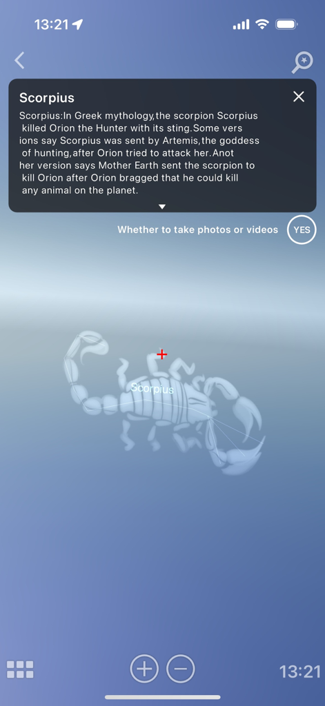 AR-Telescope - AR-Telescope app screenshot displaying the Scorpius constellation mythology and camera capture controls.