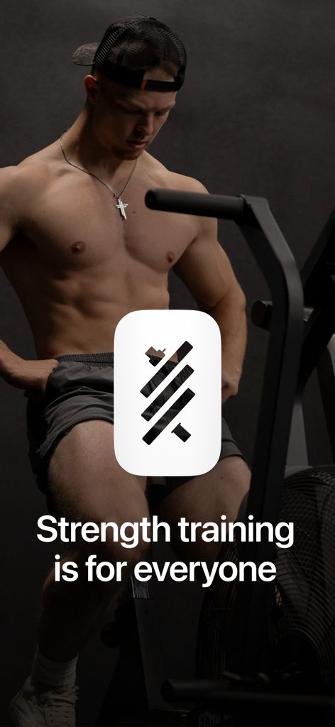 Evolve Training App - Muskulöser Mann in einem Fitnessstudio mit dem Text Krafttraining ist für jeden und dem Logo der Evolve Training App.