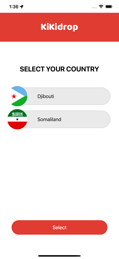 Kikidrop - Kikidrop app country selection interface showing Djibouti and Somaliland options