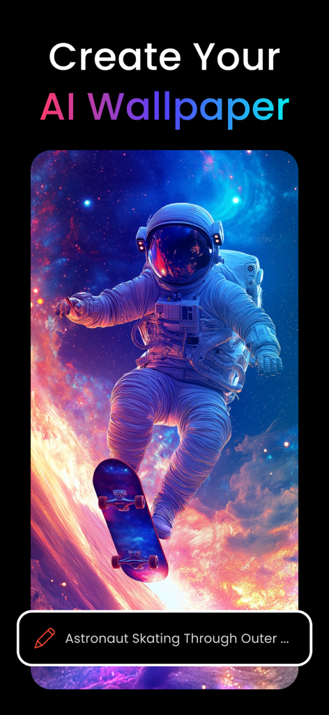 AI Photo Generator: Wallpapers - AI-generated wallpaper of an astronaut skateboarding through a vibrant colorful galaxy