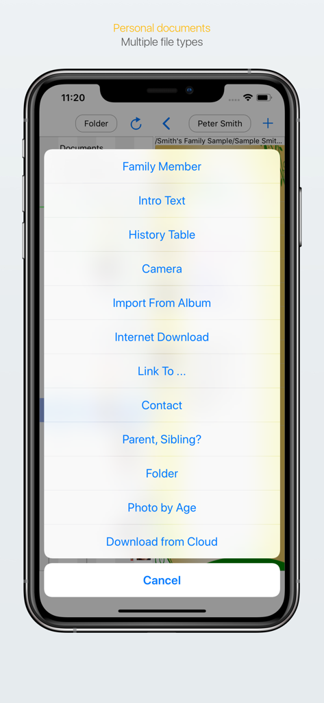 가족 구성원, 사진 및 문서를 추가하는 옵션을 보여주는 가족 트리 앱의 메뉴.