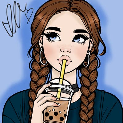 realistic girl with braided hair drinking boba