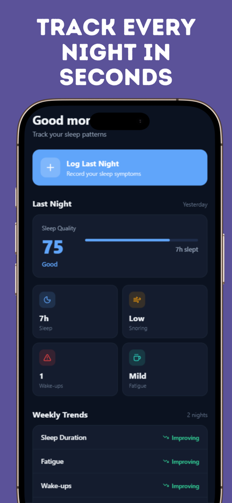 Sleep Apnea Tracker app dashboard displaying a summary of sleep quality and weekly symptom trends