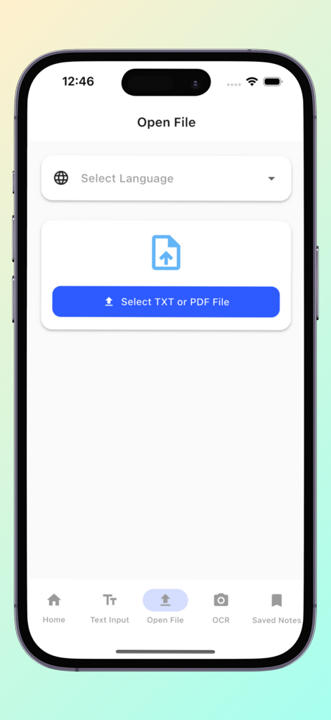 텍스트 음성 변환을 위해 언어를 선택하고 TXT 또는 PDF 파일을 업로드하는 옵션을 보여주는 모바일 앱 인터페이스.