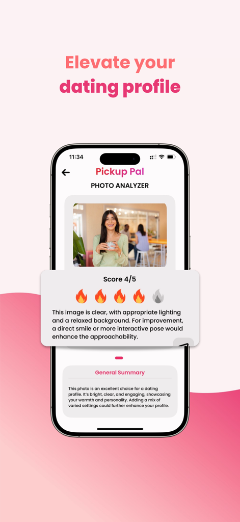 Pickup Pal AI - A mobile app interface displaying a photo analyzer feature with a score of four out of five flames for a dating profile picture