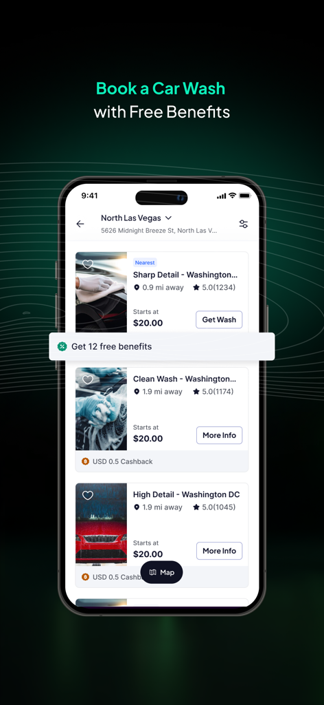 Way - #1 Car Services App - A mobile interface for the Way app displaying available car wash services with pricing, ratings, and cashback rewards.