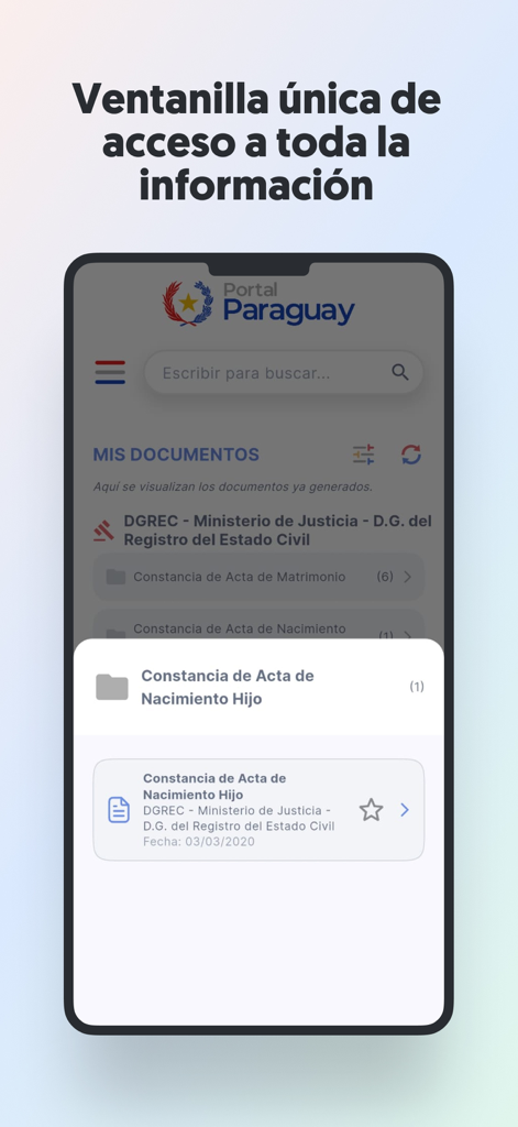 PortalParaguay app interface displaying a digital birth certificate proof in the My Documents section.