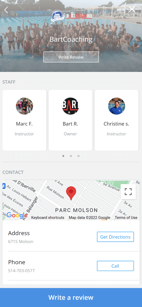 Bart Coaching - Interface of the Bart Coaching app showing instructors and contact details with a map location