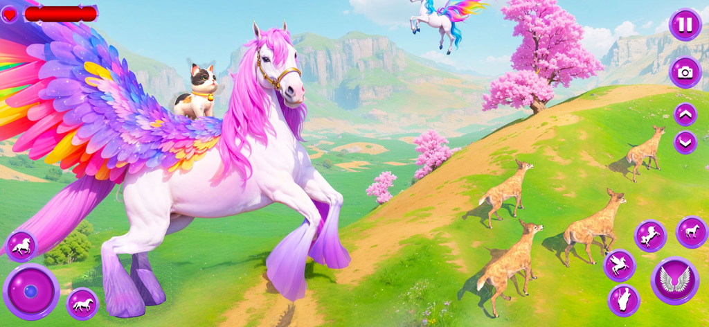 Princess Pet's Unicorn Horse - Un unicornio alado con crin rosa y un gato a sus espaldas en un mundo de fantasía mágico en 3D.