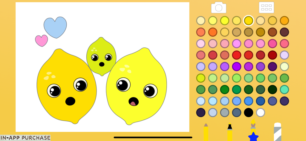 Coloring for Kids and Toddler - Kids coloring app interface featuring three cute cartoon lemons and a large color palette for digital drawing