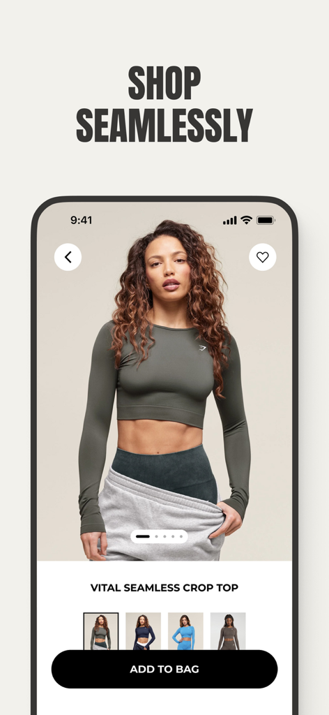 Gymshark app product page for the Vital Seamless Crop Top showing a woman wearing the olive green activewear