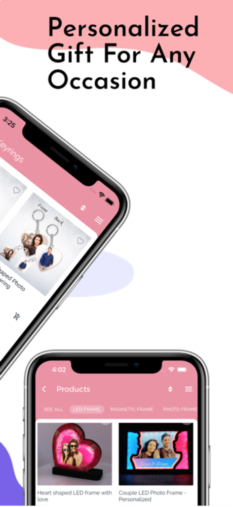 Indidecor - 열쇠고리 및 하트 모양 LED 프레임을 포함한 맞춤 사진 선물을 보여주는 Indidecor 모바일 앱 화면