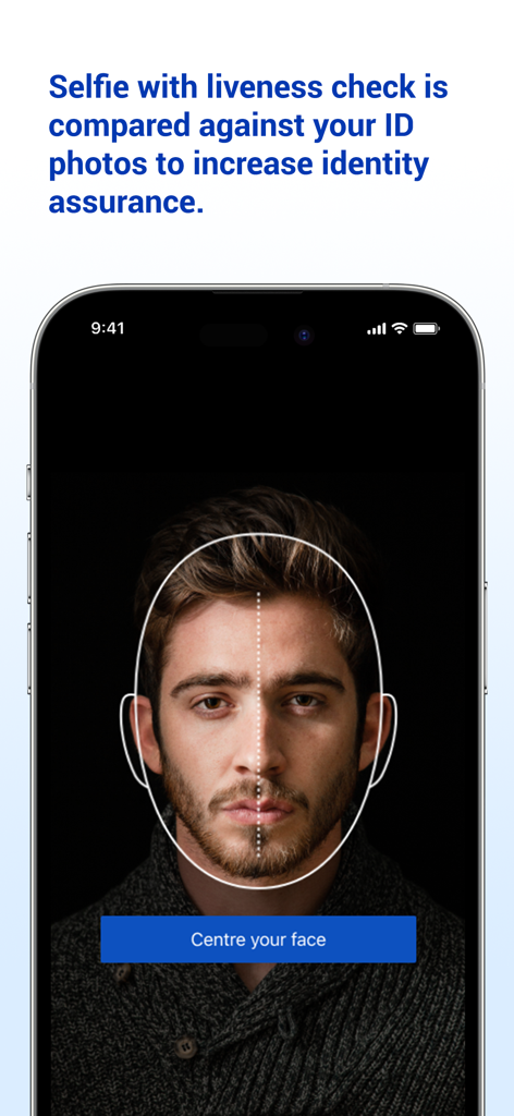 Bluink eID-Me Digital ID - eID-Meアプリでの本人確認のためのセルフィーライブネスチェックが表示されたスマートフォンの画面。