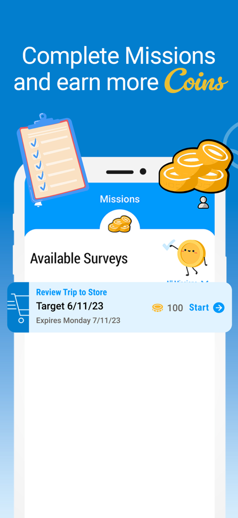 CoinOut app missions screen showing options to earn coins through surveys
