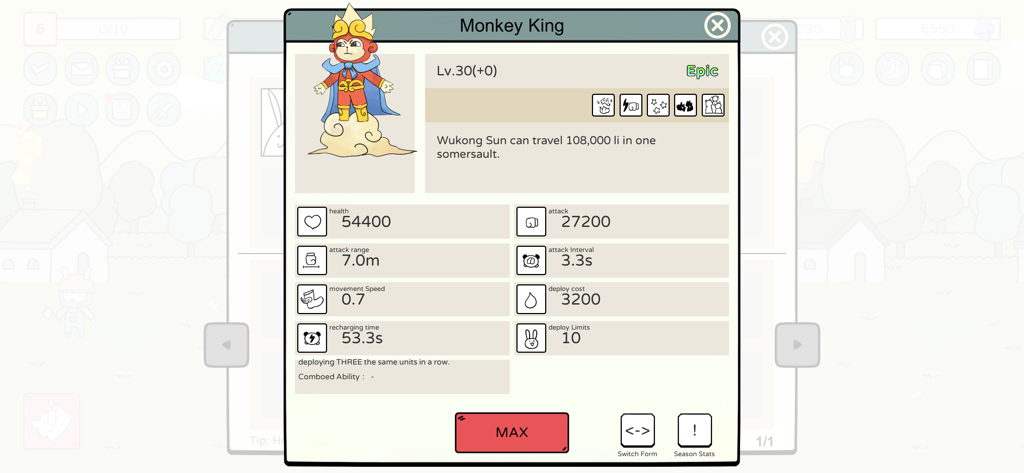 Battle Bunny:Tower Defense War - Perfil do personagem para a unidade épica Monkey King em Battle Bunny Tower Defense mostrando estatísticas e estilo de arte doodle