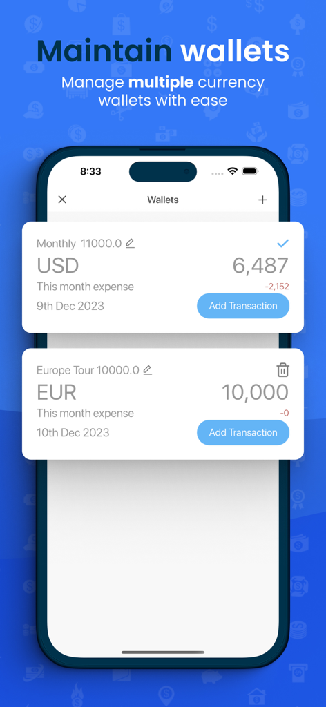 Expense Now アプリで USD や EUR を含む複数の通貨のウォレットが表示されているスマートフォンの画面