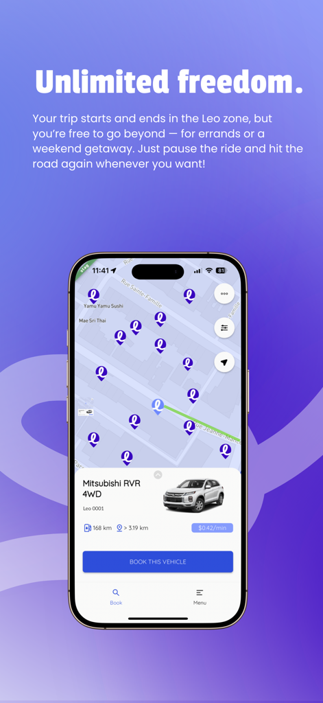 Leo Autopartage - Carshare - Leo Autopartage carsharing app map interface showing available vehicles for rent and booking details