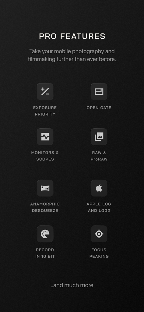 A list of professional features in the Moment Pro Camera II app including manual exposure, Apple Log, RAW support, and focus peaking