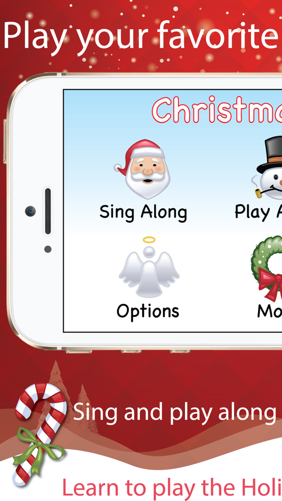 Christmas Piano with Songs - The main menu of the Christmas Piano with Songs app featuring buttons for Sing Along and Options.