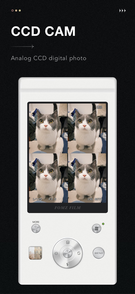 Interface de caméra CCD rétro dans l'application Fomz affichant une photo de chat dans une grille à quatre panneaux