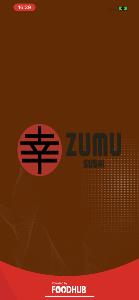 Zumu Sushi. - Tela de introdução do aplicativo móvel Zumu Sushi com o logotipo da marca e atribuição Powered by Foodhub.
