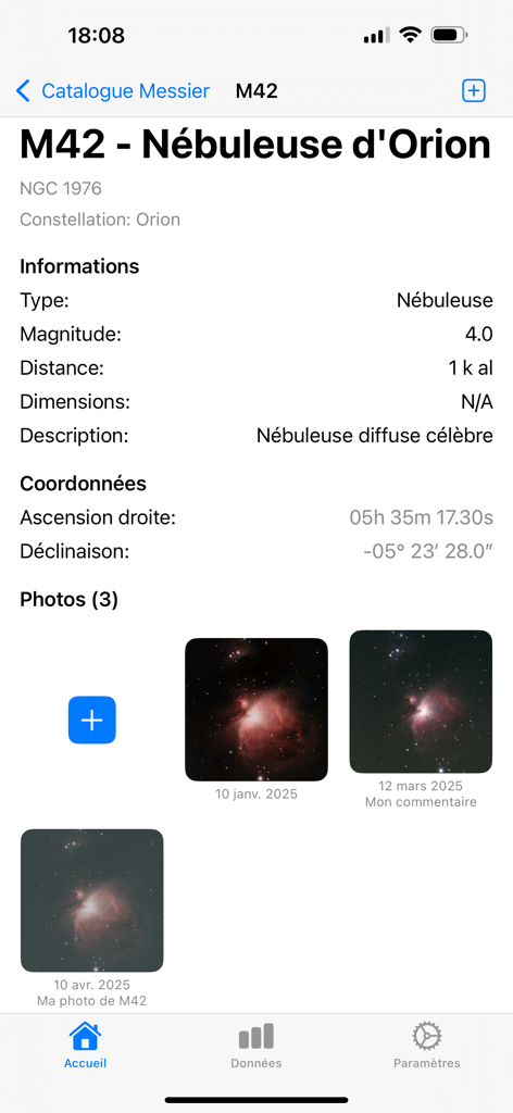 CatalogueMessier - Vista detallada de la Nebulosa de Orión M42 en la aplicación CatalogueMessier, incluyendo coordenadas celestes y fotos de observación