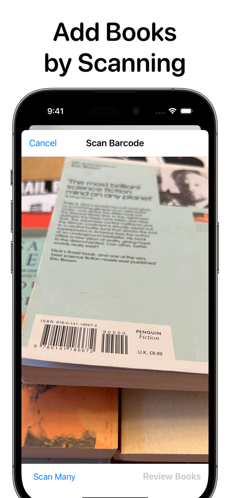 Reading List: Book Tracker - Reading List app barcode scanner feature being used to scan a physical book