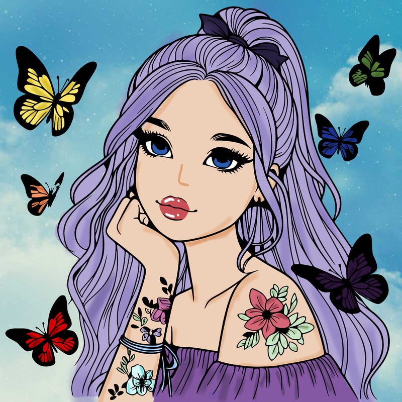 realistic girl with butterflies