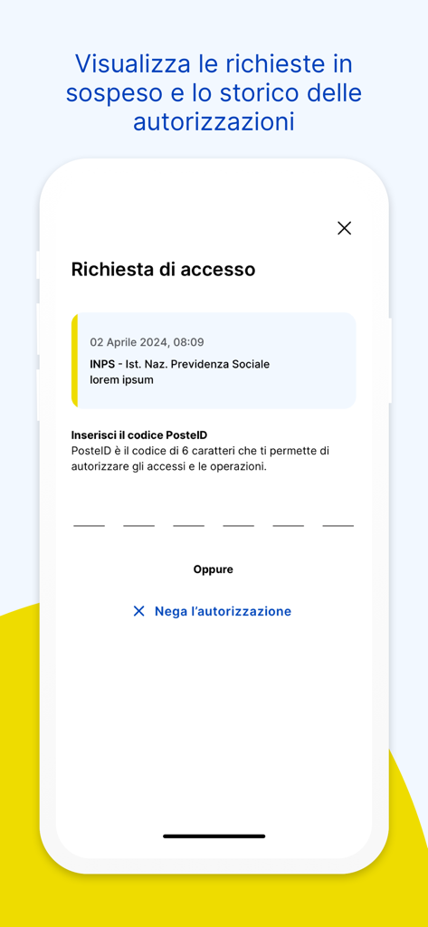 PosteID app authorization request screen for INPS service requiring a six digit security code entry