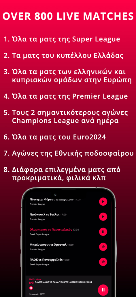 MagicGoals Live Audio Football - MagicGoals app interface showing a list of football leagues and live matches available for audio commentary