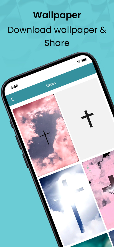 Screen showing Christian cross-themed wallpapers in the 1599 Geneva Bible app.