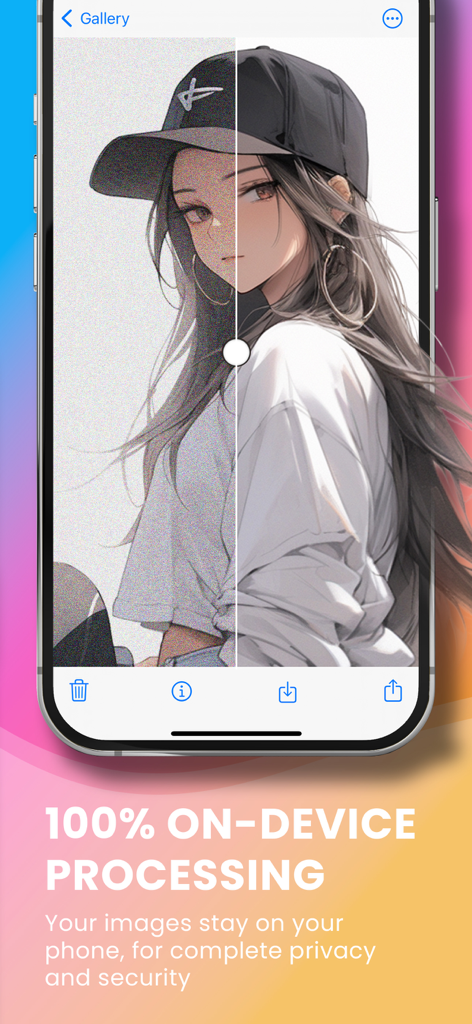 AIエンハンスメントの前後の写真のサイドバイサイド比較。プライバシーのための100％オンデバイス処理を強調するキャプション付き。