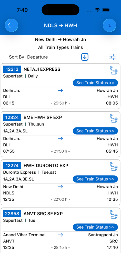NTES - NTES app screenshot showing a list of trains between New Delhi and Howrah Junction with departure times and train status options.