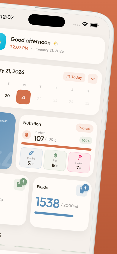 Bariatric Food Tracker - Bari - Bariatric Food Tracker app interface showing nutrition and fluid intake progress
