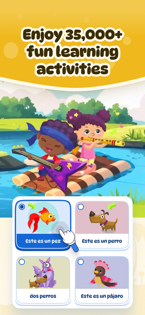 Children learning Spanish with animal pictures in the Dinolingo educational app.