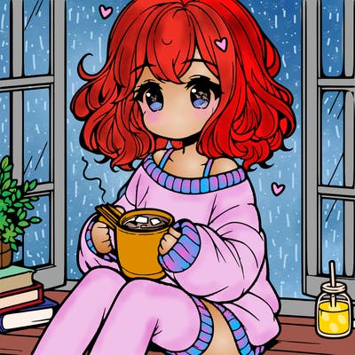 cute anime girl reading book and drinking hot chocolate from mug with loose wavy hair wearing a baggy sweatshirt and shorts sitting by windowsill looking out