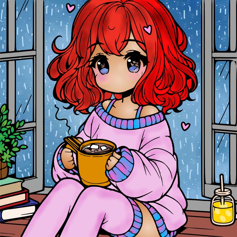 cute anime girl reading book and drinking hot chocolate from mug with loose wavy hair wearing a baggy sweatshirt and shorts sitting by windowsill looking out