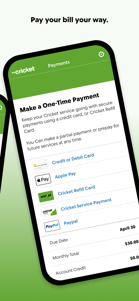 Mobile screen of the myCricket App showing multiple bill payment methods including Apple Pay and PayPal