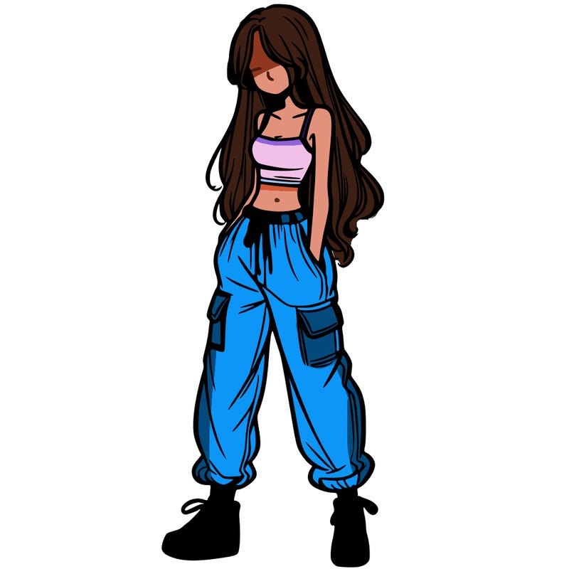 girl in baggy pants crop top and long hair
