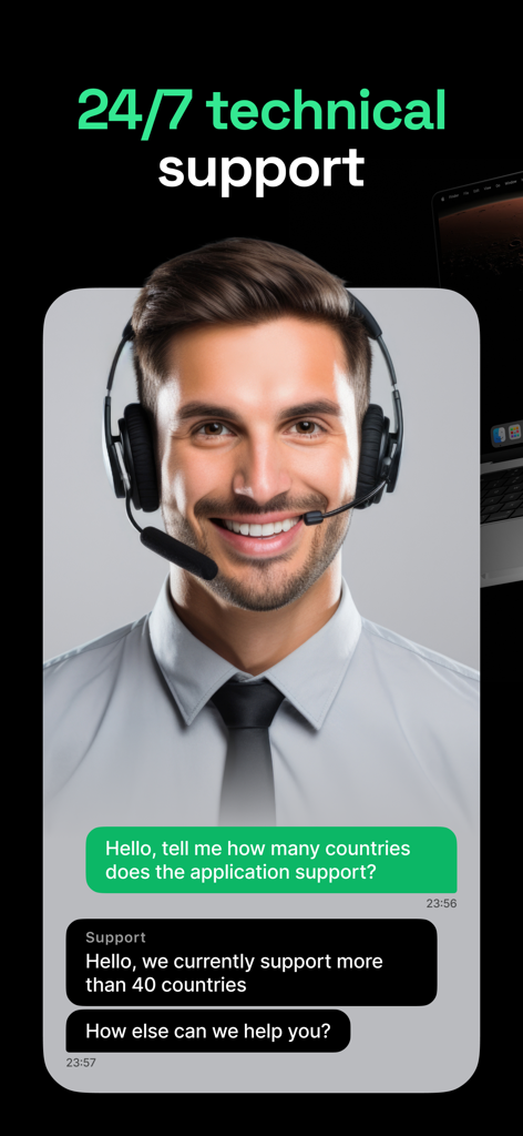 VPN Satoshi: Turbo Express Vpn - Captura de pantalla de la aplicación VPN Satoshi con interfaz de chat de soporte técnico 24/7 y representante de soporte amigable con auriculares