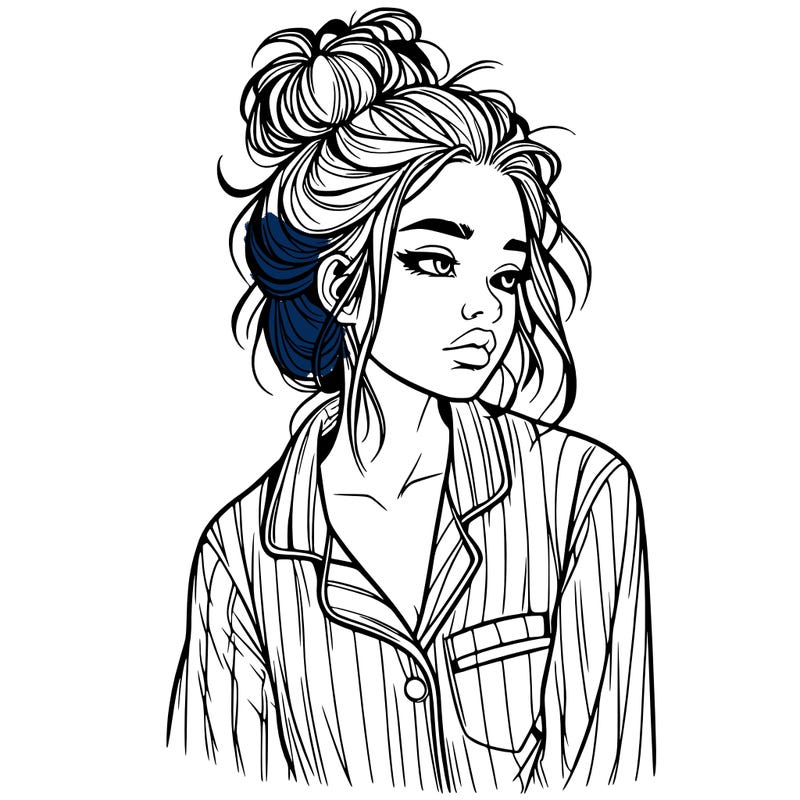 realistic woman with pajamas on and a messy bun
